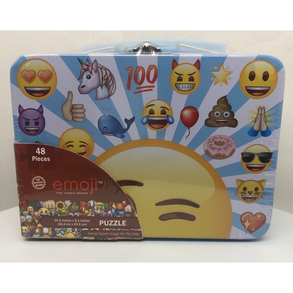 DaHo Emoji Puzzle in Tin Tote 48 pcs Blue Metal Box Officially Licensed Emojis